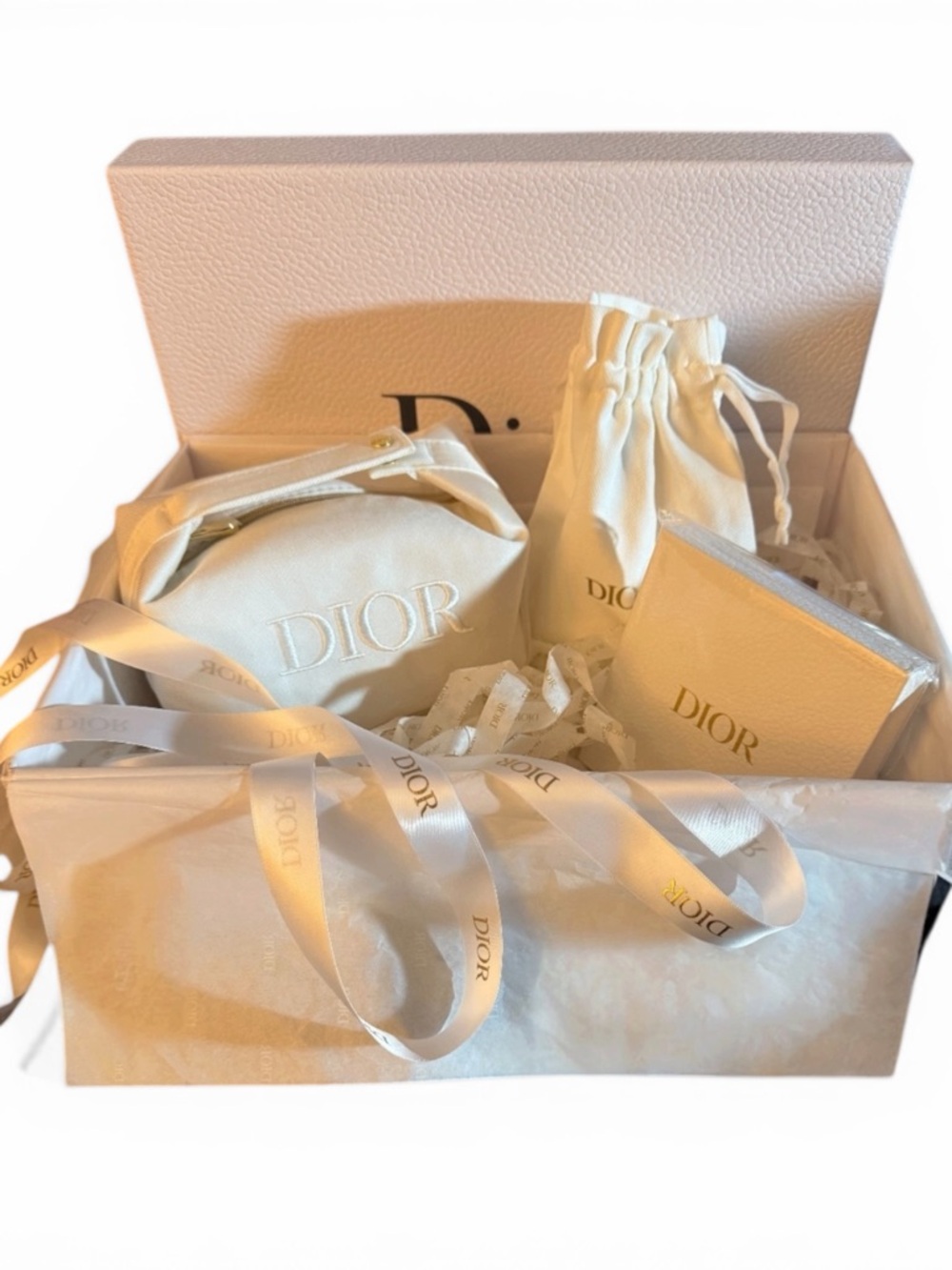 Dior Cream/White Logo Cosmetic Pouch, Compact Mirror & Drawstring Pouch Gift Set